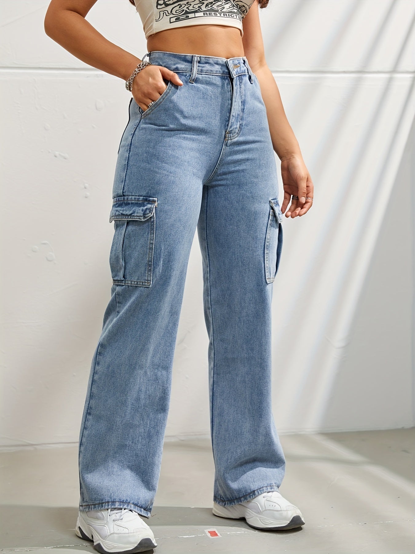 High-waisted denim cargo pants