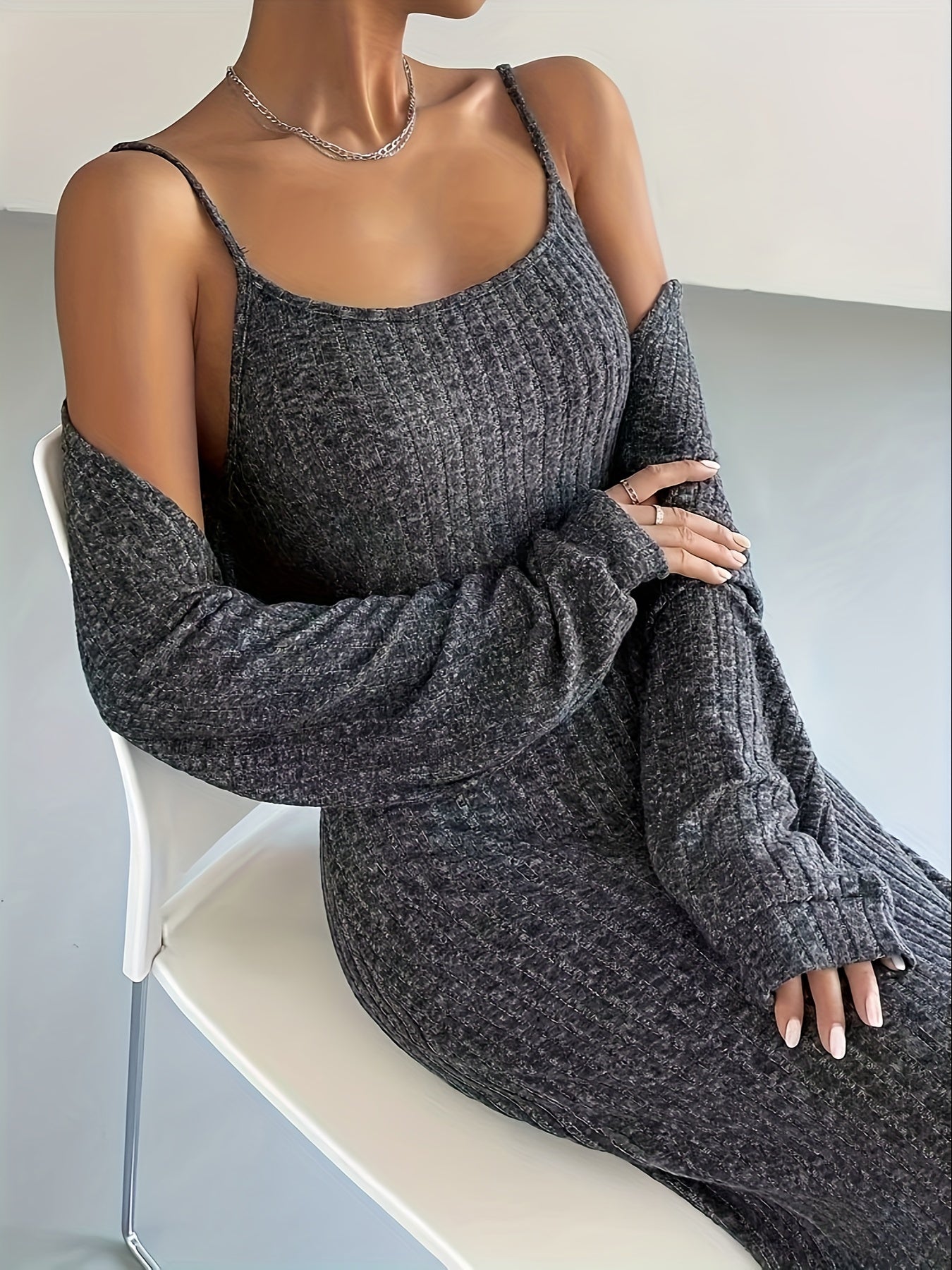 Ribbed slim sleeveless dress and cropped cardigan with long sleeves