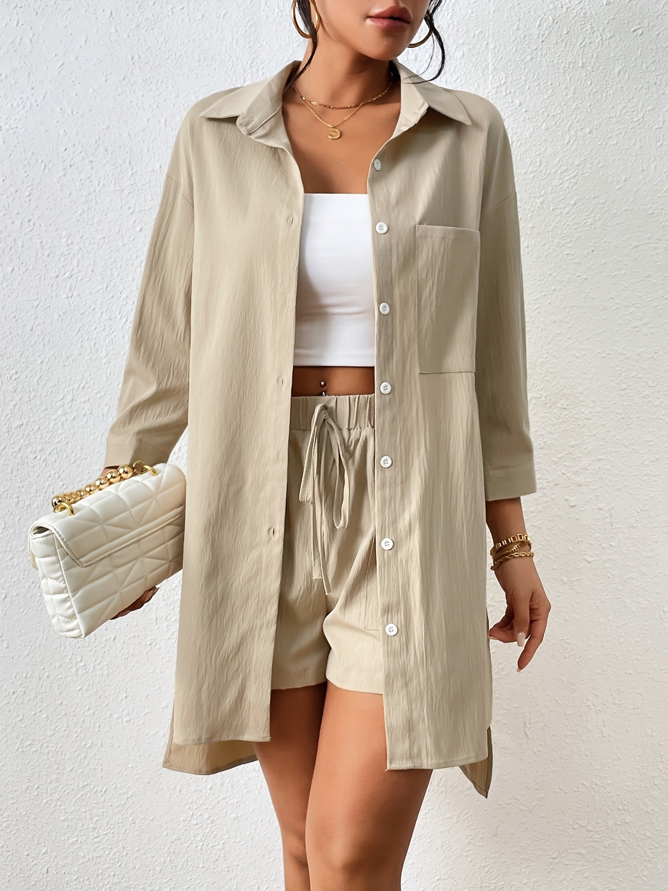 Button-up shirt and shorts with drawstring and elastic waistband