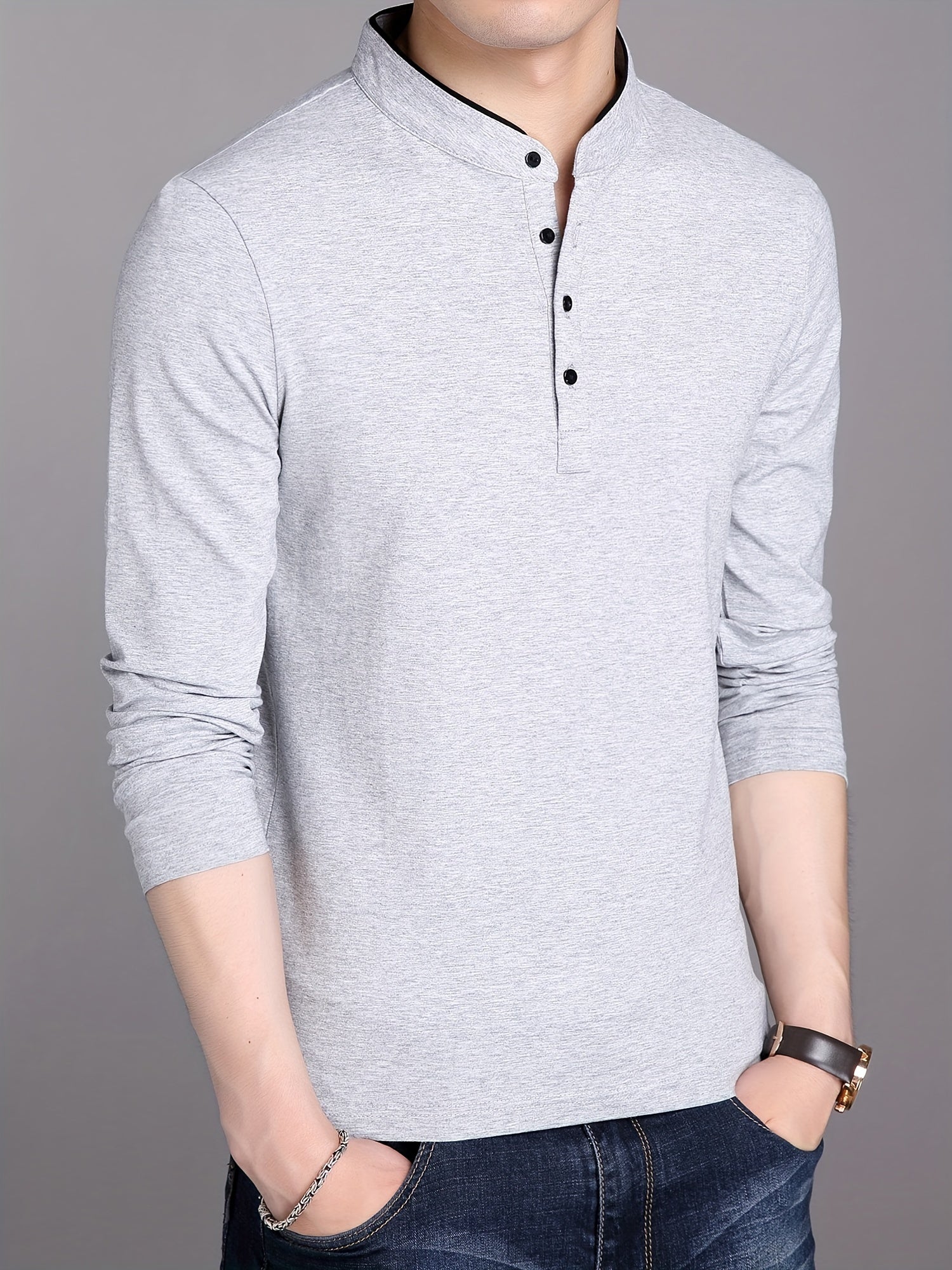 Stand-up collar top and half-button shirt