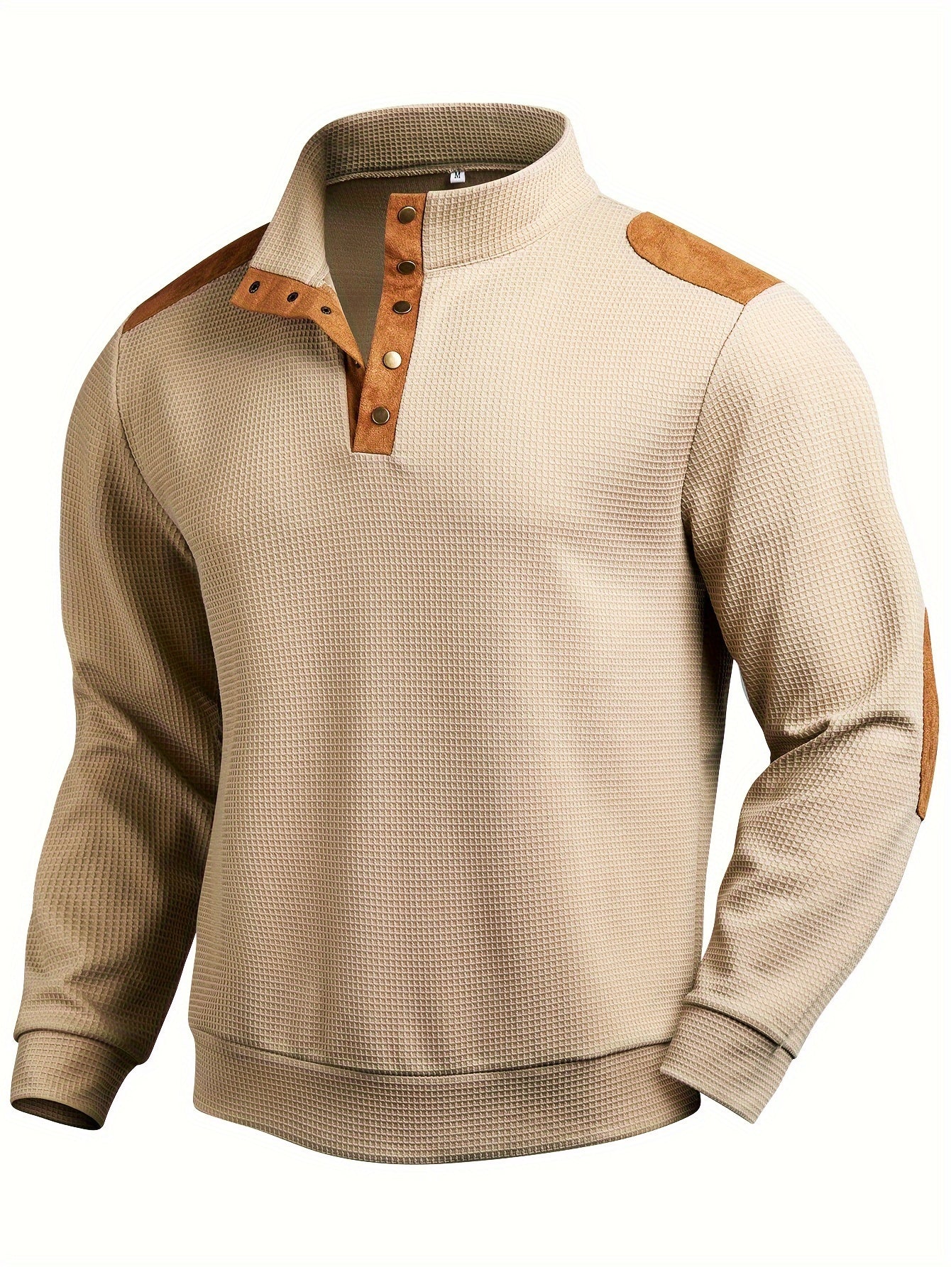 Henley shirt in beige with long sleeves and standing collar