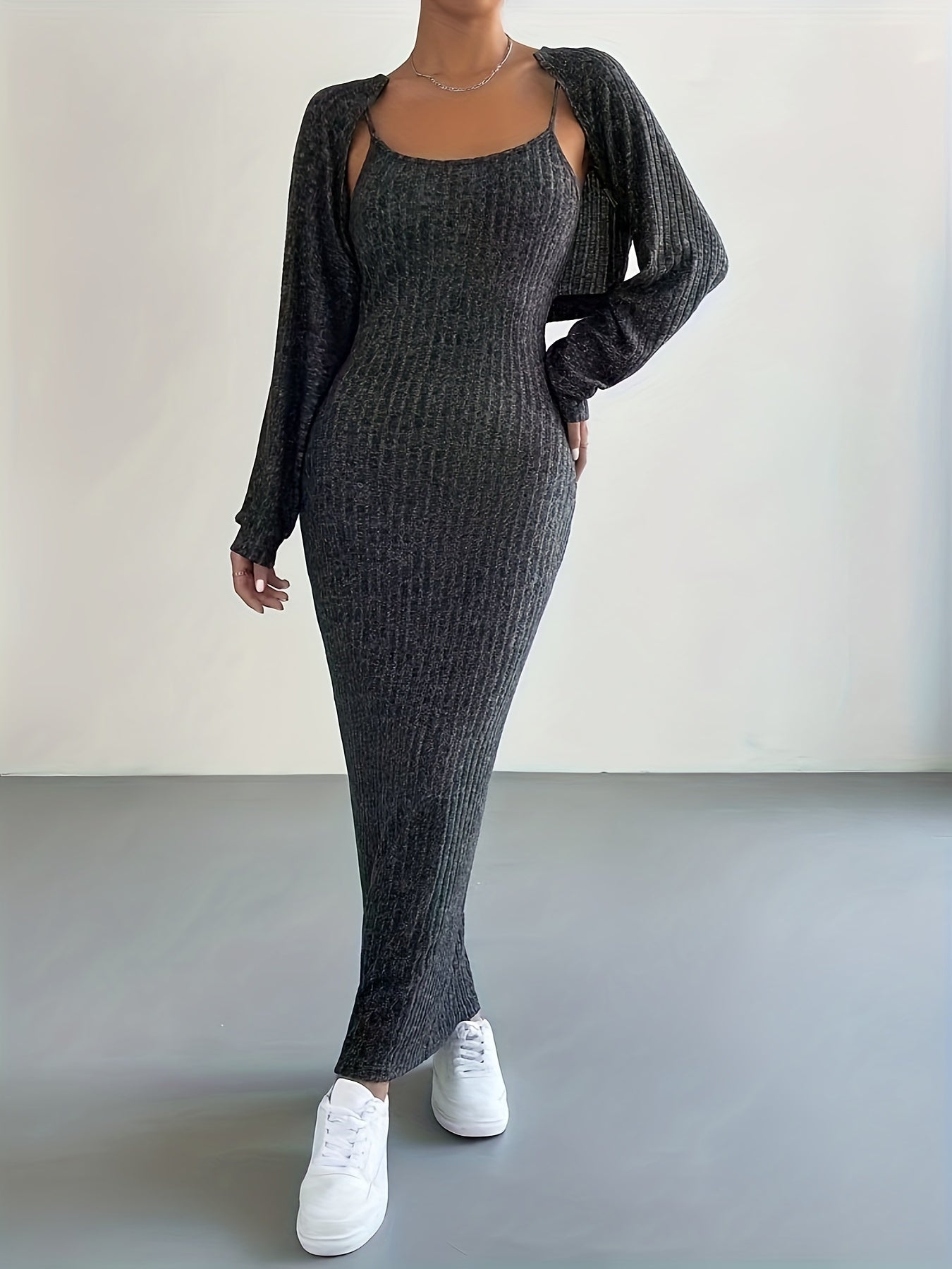 Ribbed slim sleeveless dress and cropped cardigan with long sleeves