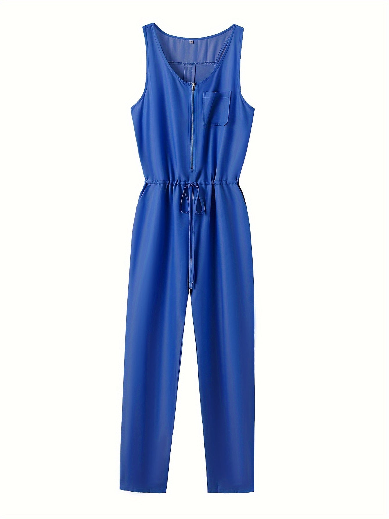 Denim jumpsuit with zipper at the front and waistband