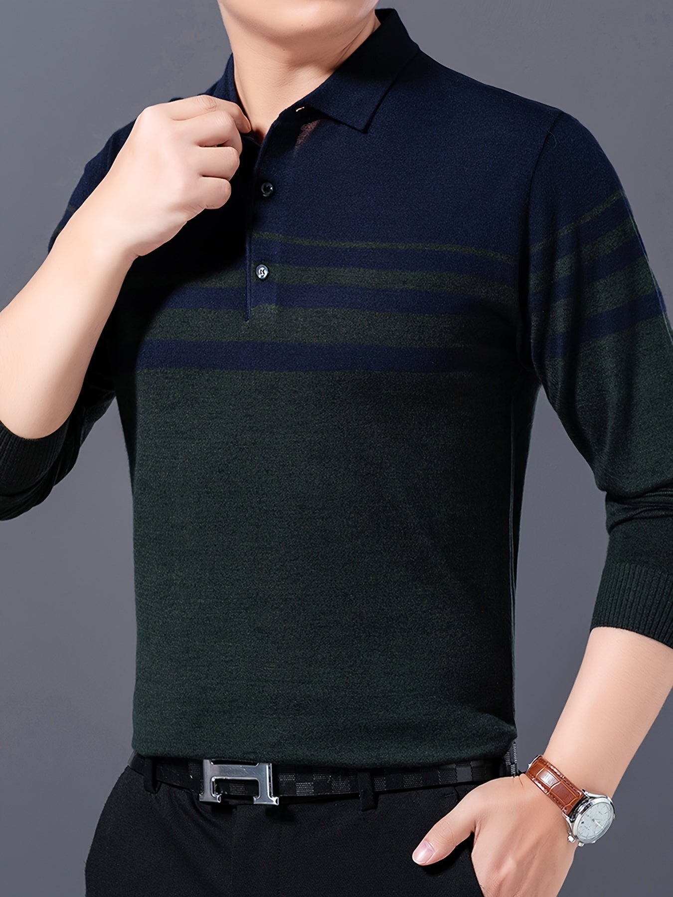 Stylish striped lapel sweater for men