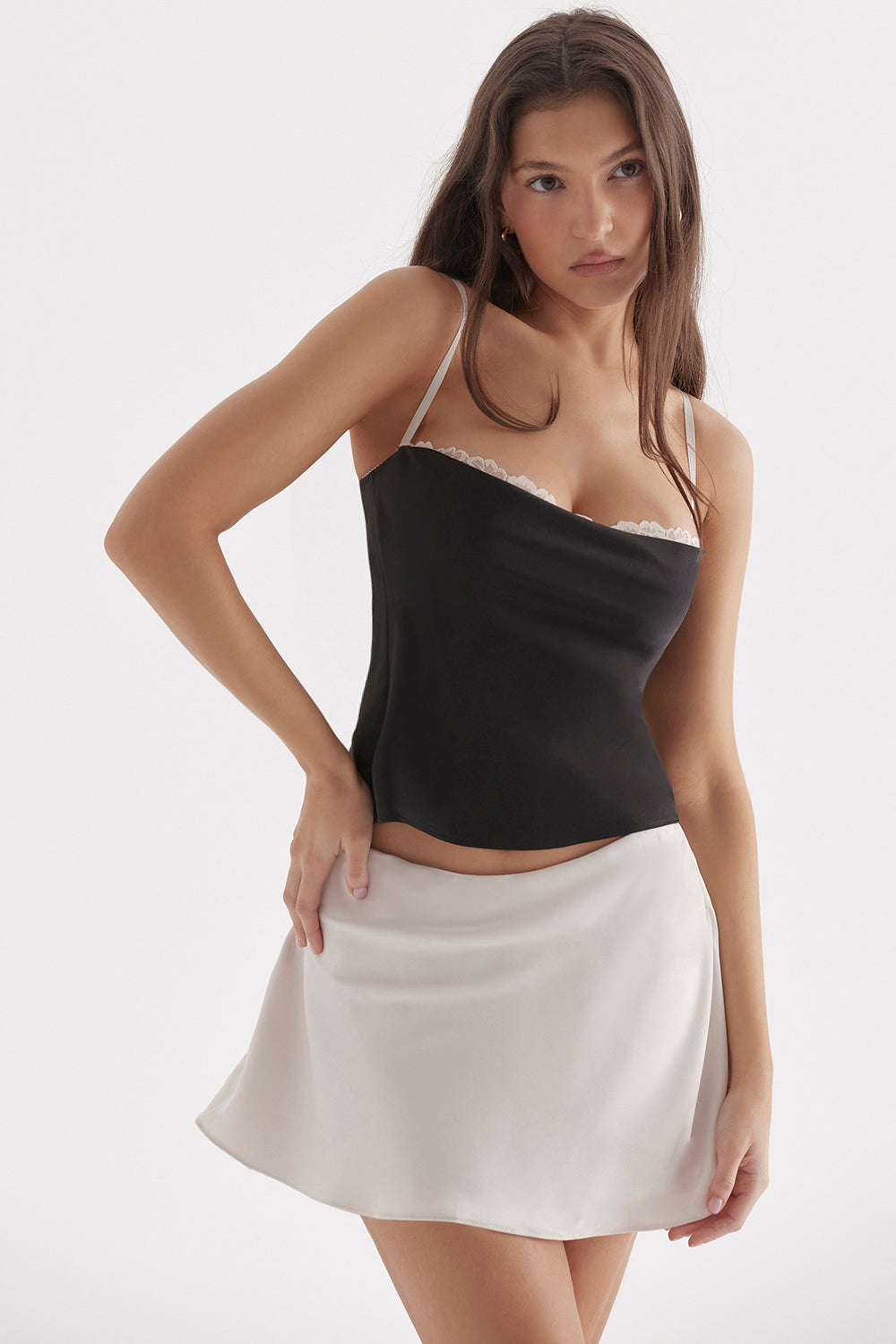 Black off white underwire top with mini skirt