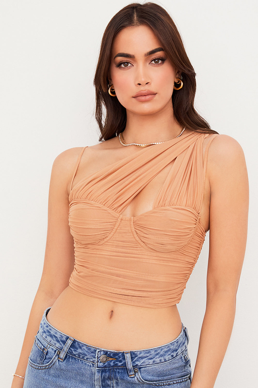 Beige pleated mesh corset