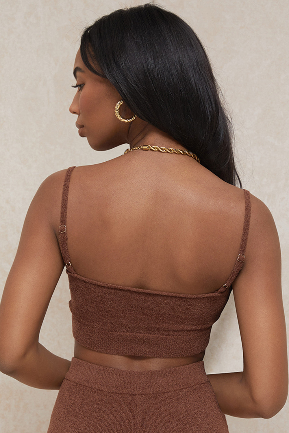 Chocolate fluffy knit crop top with high waisted shorts