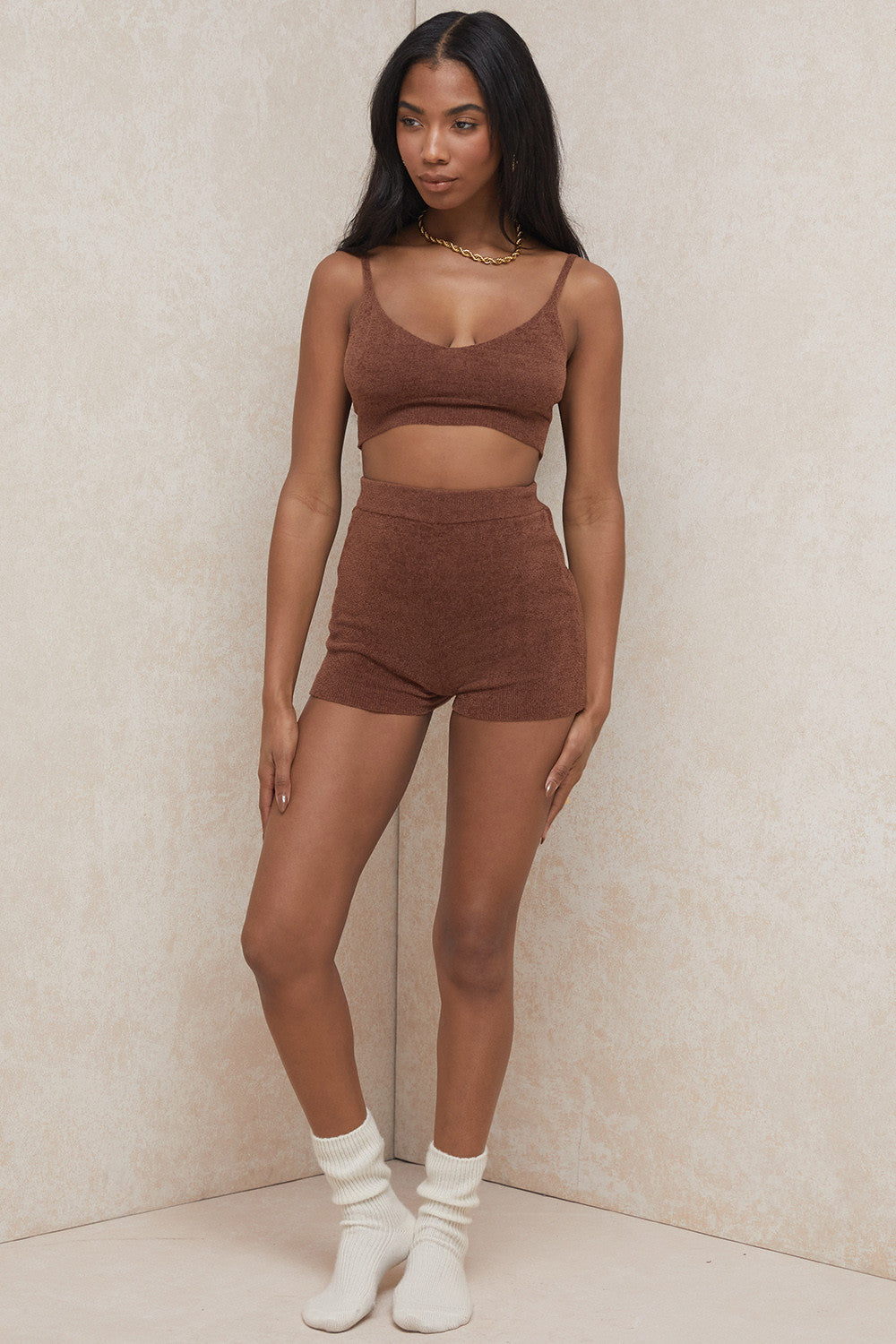 Chocolate fluffy knit crop top with high waisted shorts