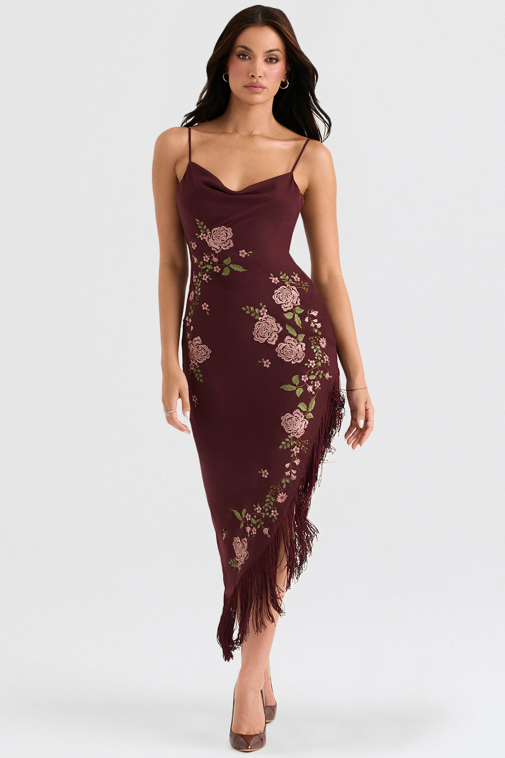 Wine embroidered midi dress