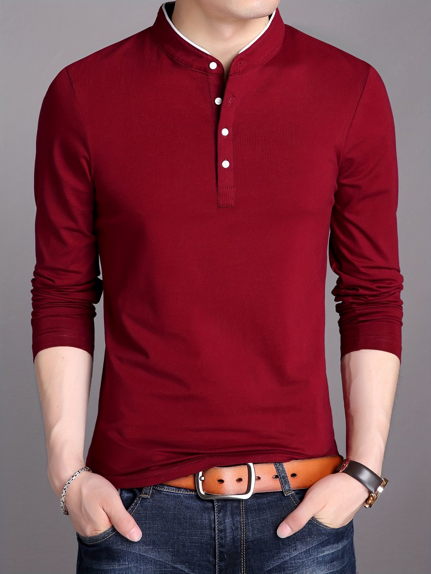 Stand-up collar top and half-button shirt