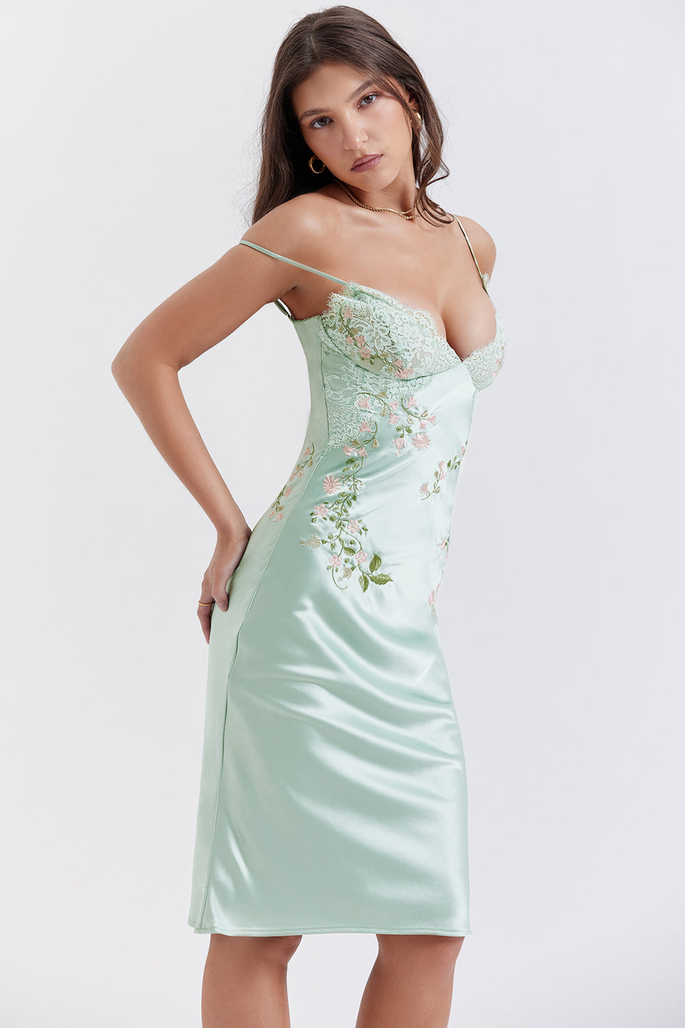 Light jade embroidered slip dress