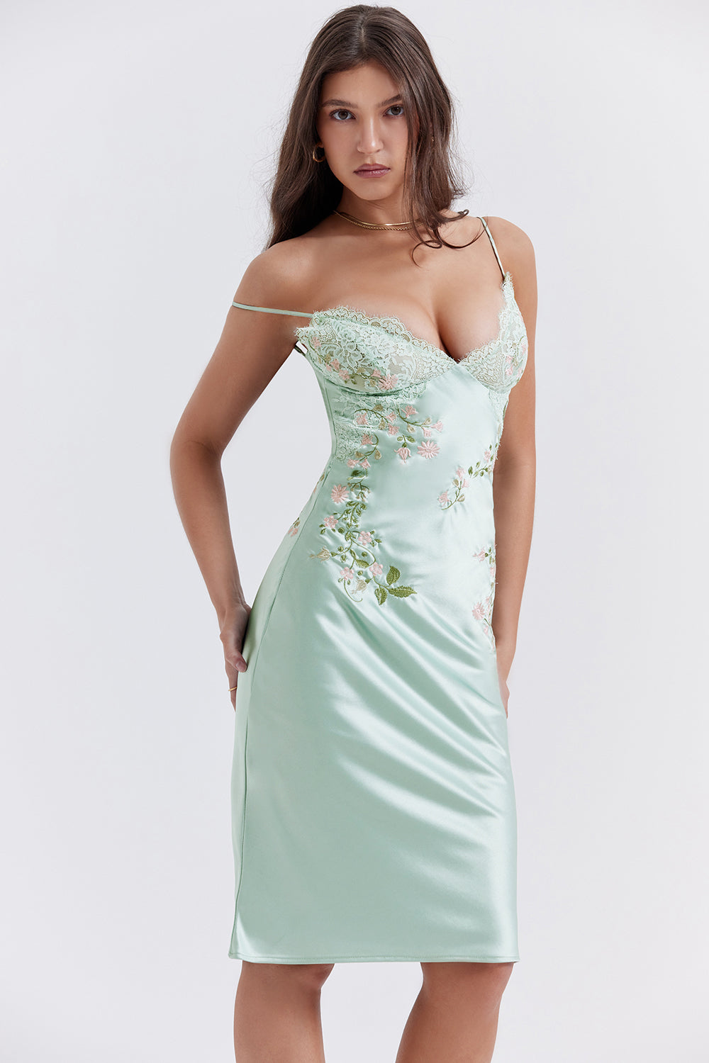 Light jade embroidered slip dress