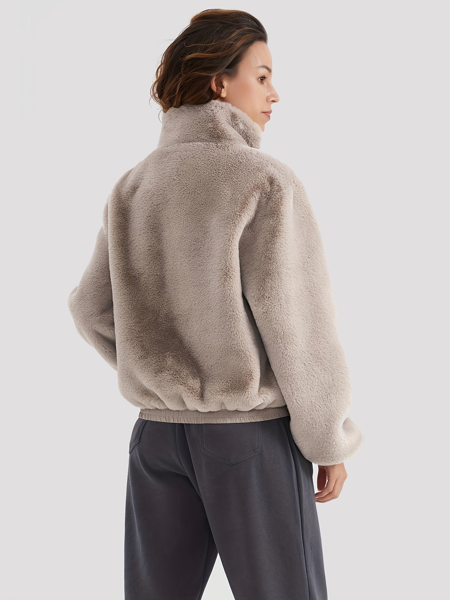 Faux fur jacket with stand-up collar