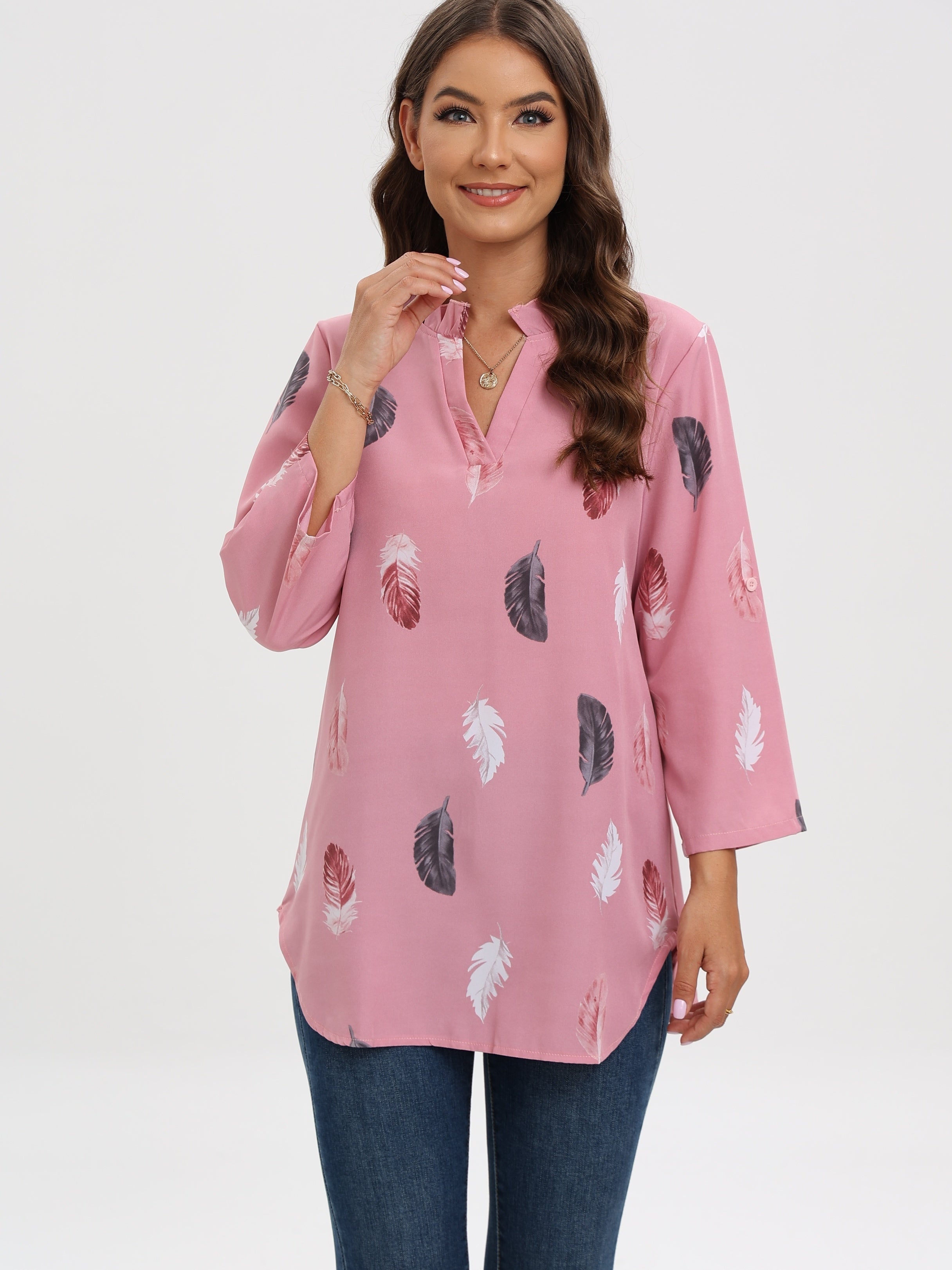 Blouse with notch neck and feather print