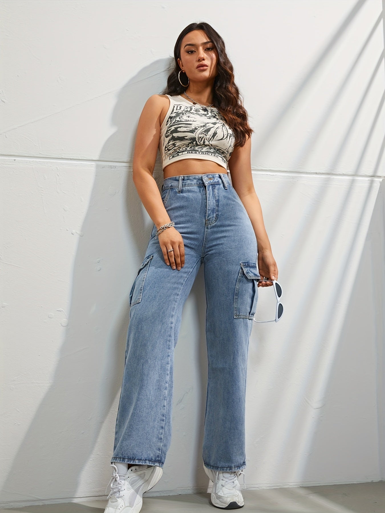 High-waisted denim cargo pants