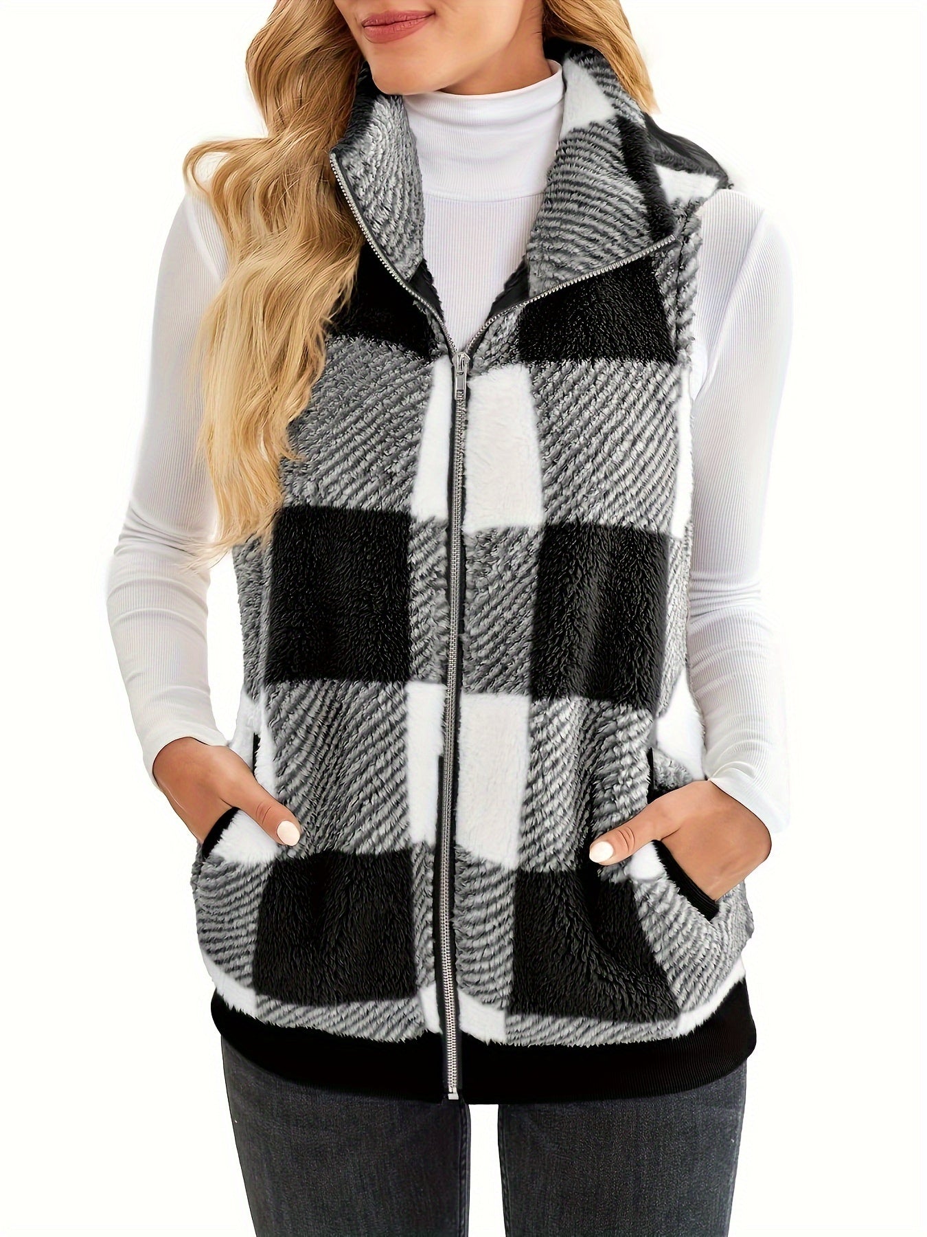 Checked teddy cardigan with stand-up collar