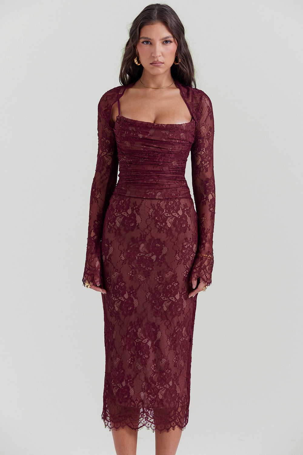 Midi dress made of burgundy red lace