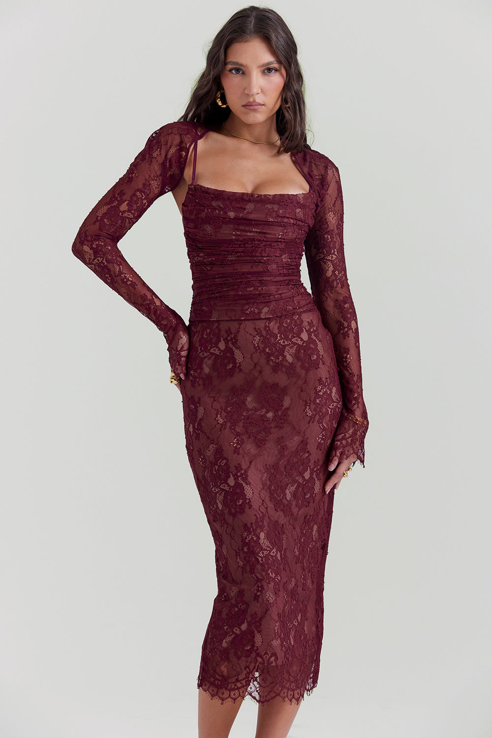 Midi dress made of burgundy red lace