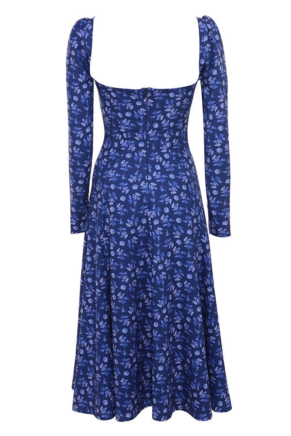 Sapphire colored midi dress with puff sleeves and flowers