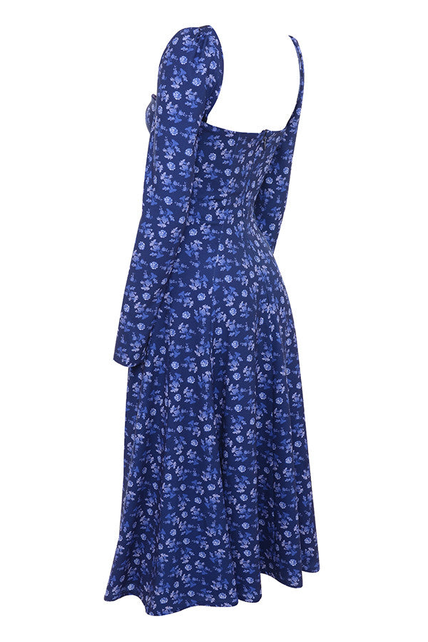 Sapphire colored midi dress with puff sleeves and flowers