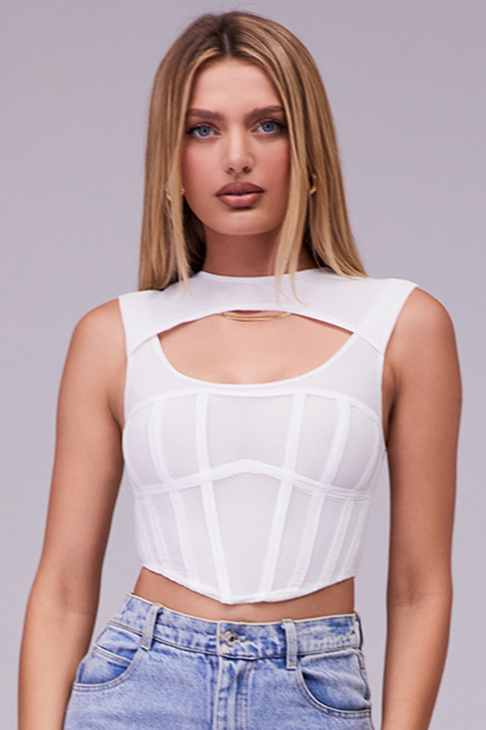 Mistress Rocks white mesh cut out corset top