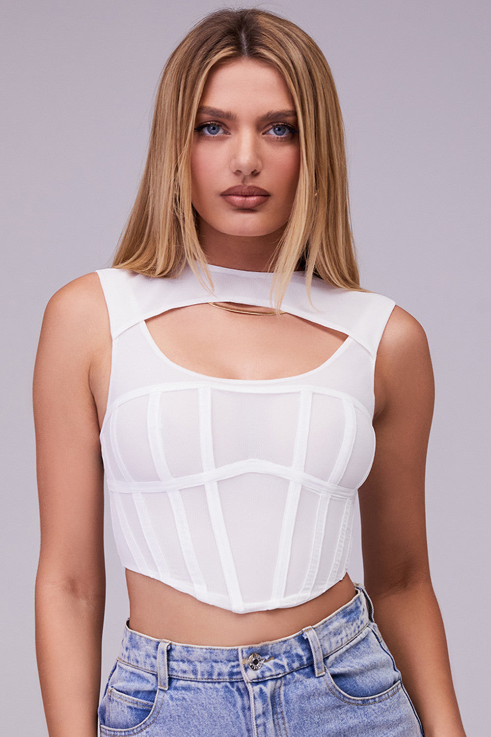 Mistress Rocks white mesh cut out corset top