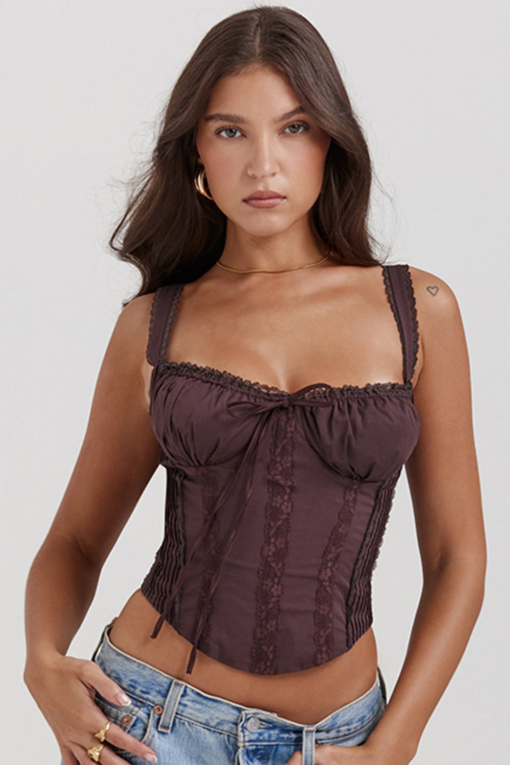 Rich brown lace corset on the back