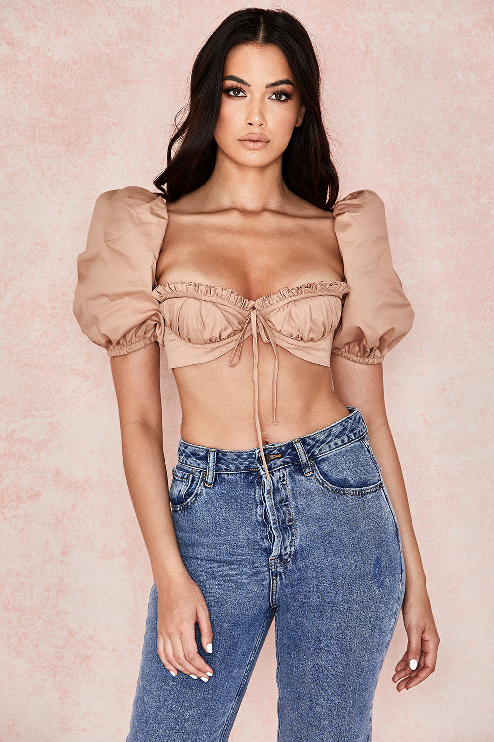 Camel colored bralette with puff sleeves