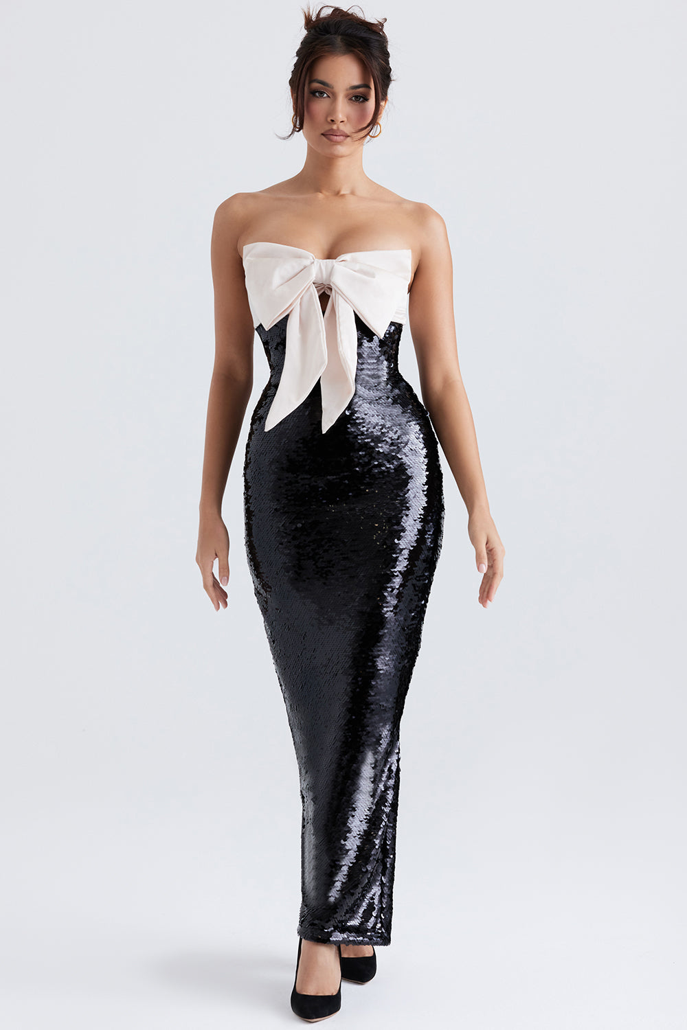 Black strapless bow dress with sequins