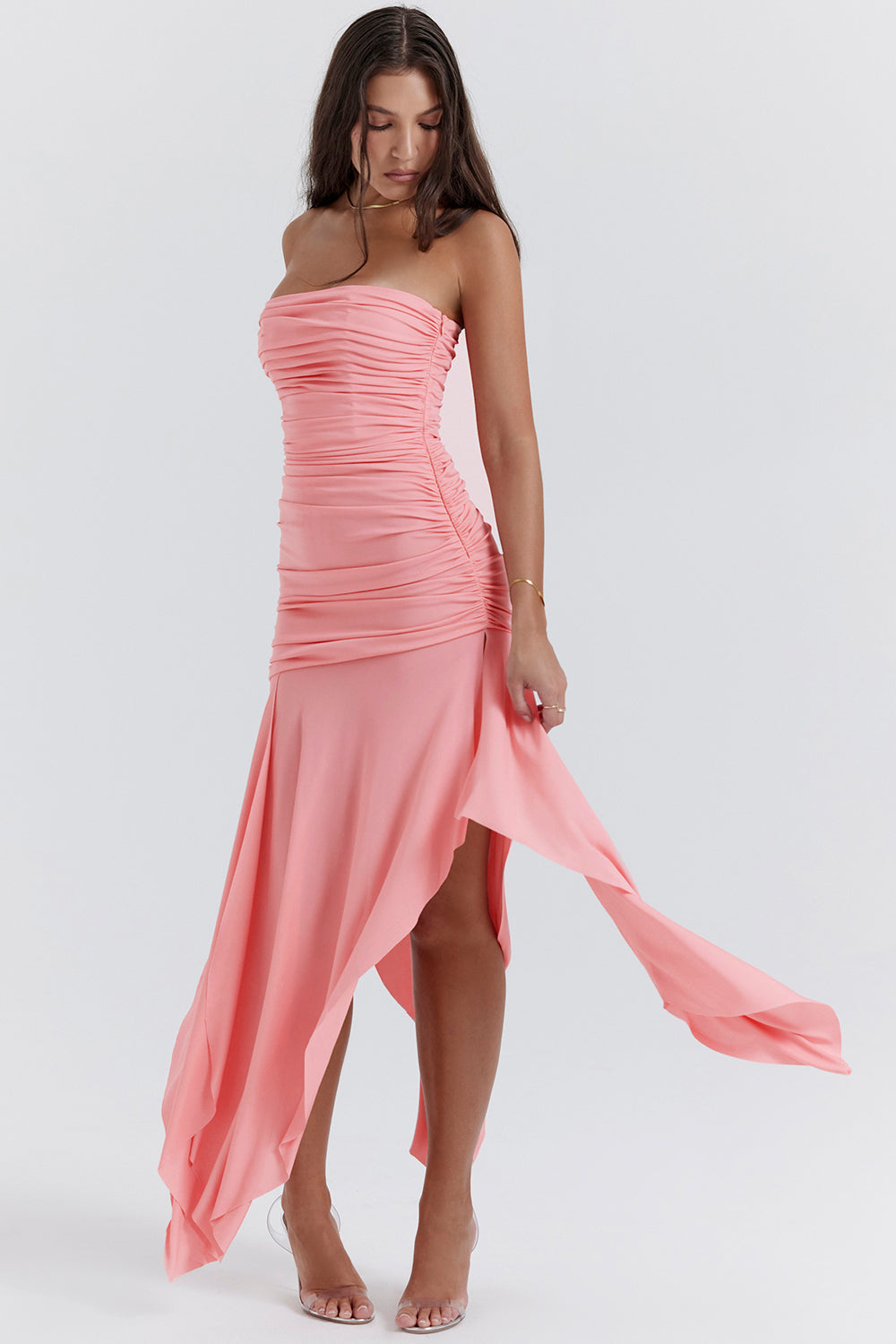 Asymmetrical dress with apricot pleats