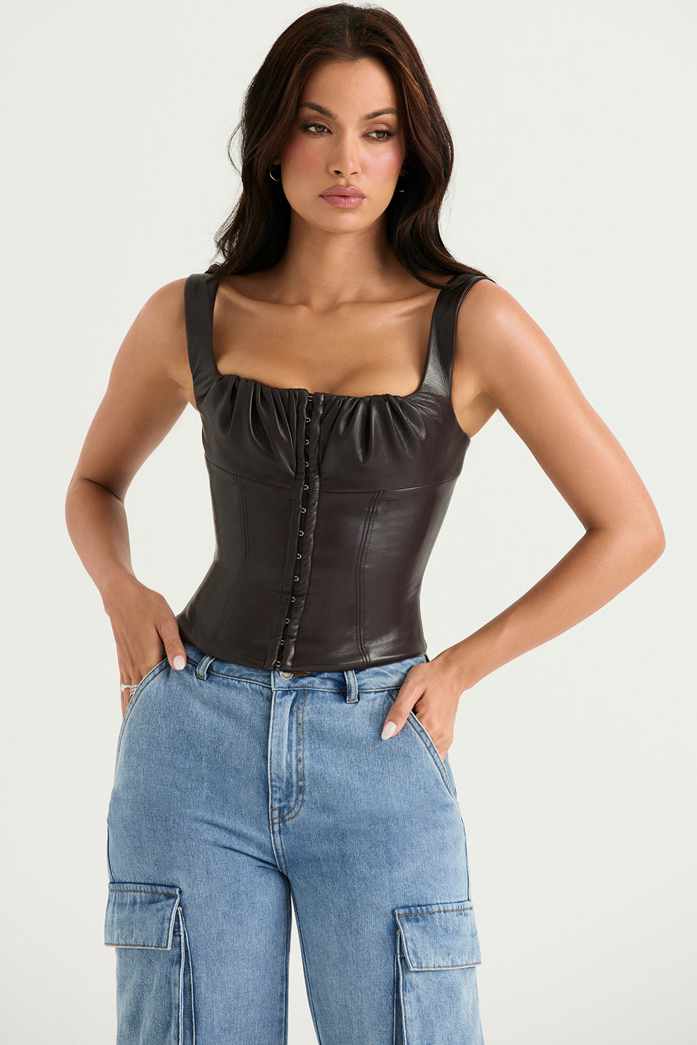 Bitter chocolate vegan leather corset