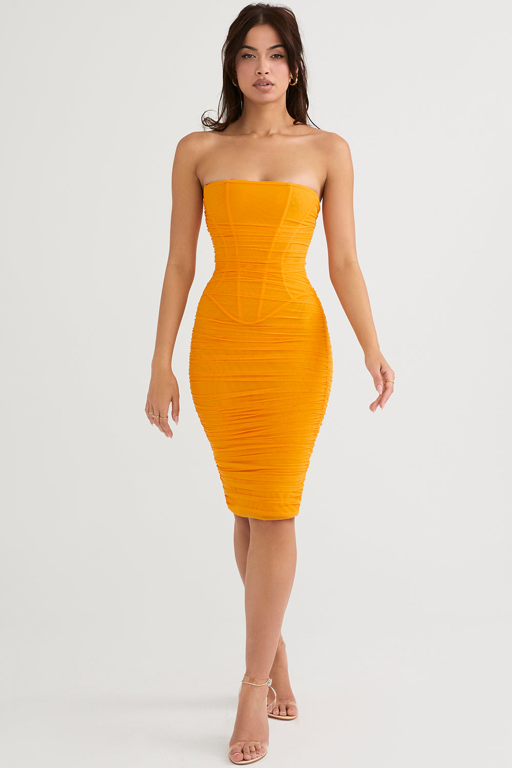 Strapless midi dress with ruffles