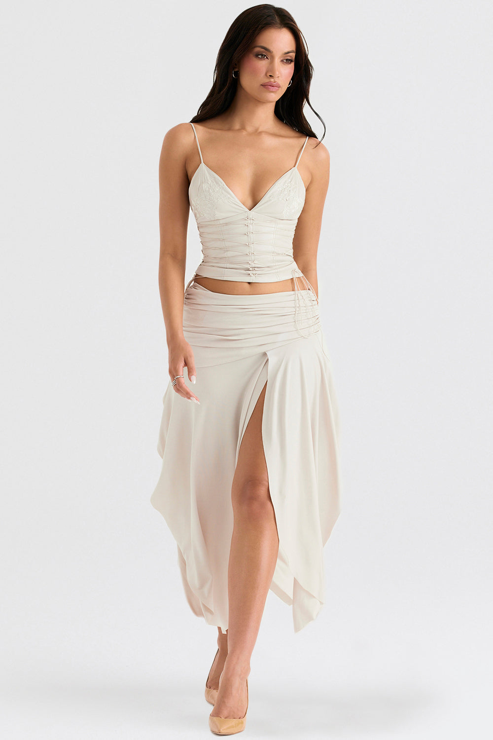 Cream vegan leather corset with draped midi skirt