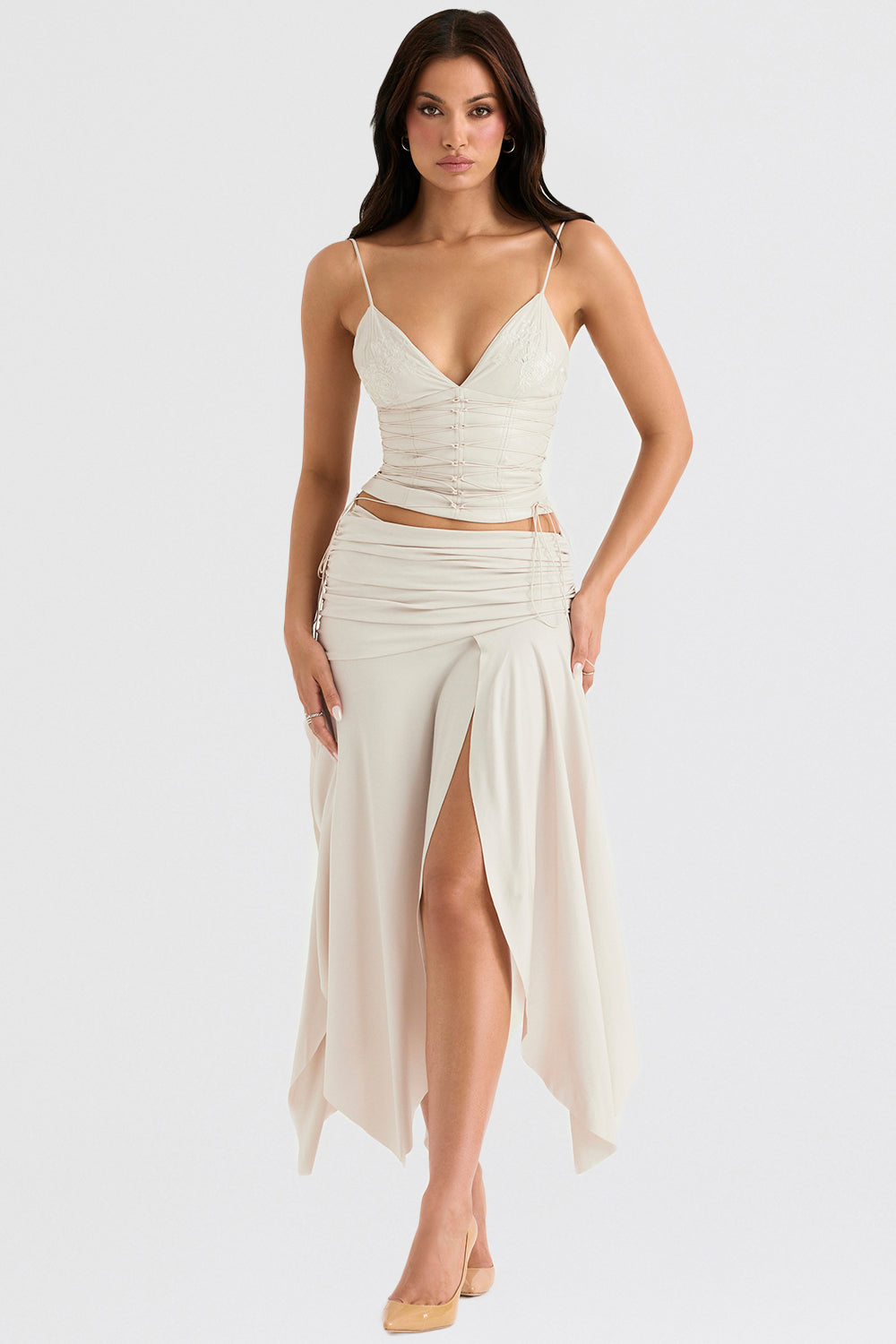 Cream vegan leather corset with draped midi skirt