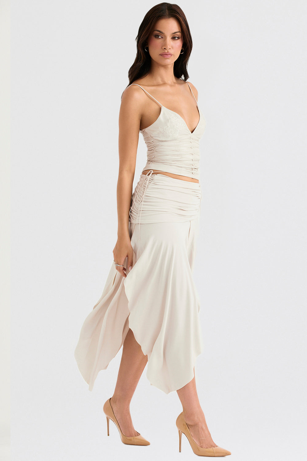 Cream vegan leather corset with draped midi skirt