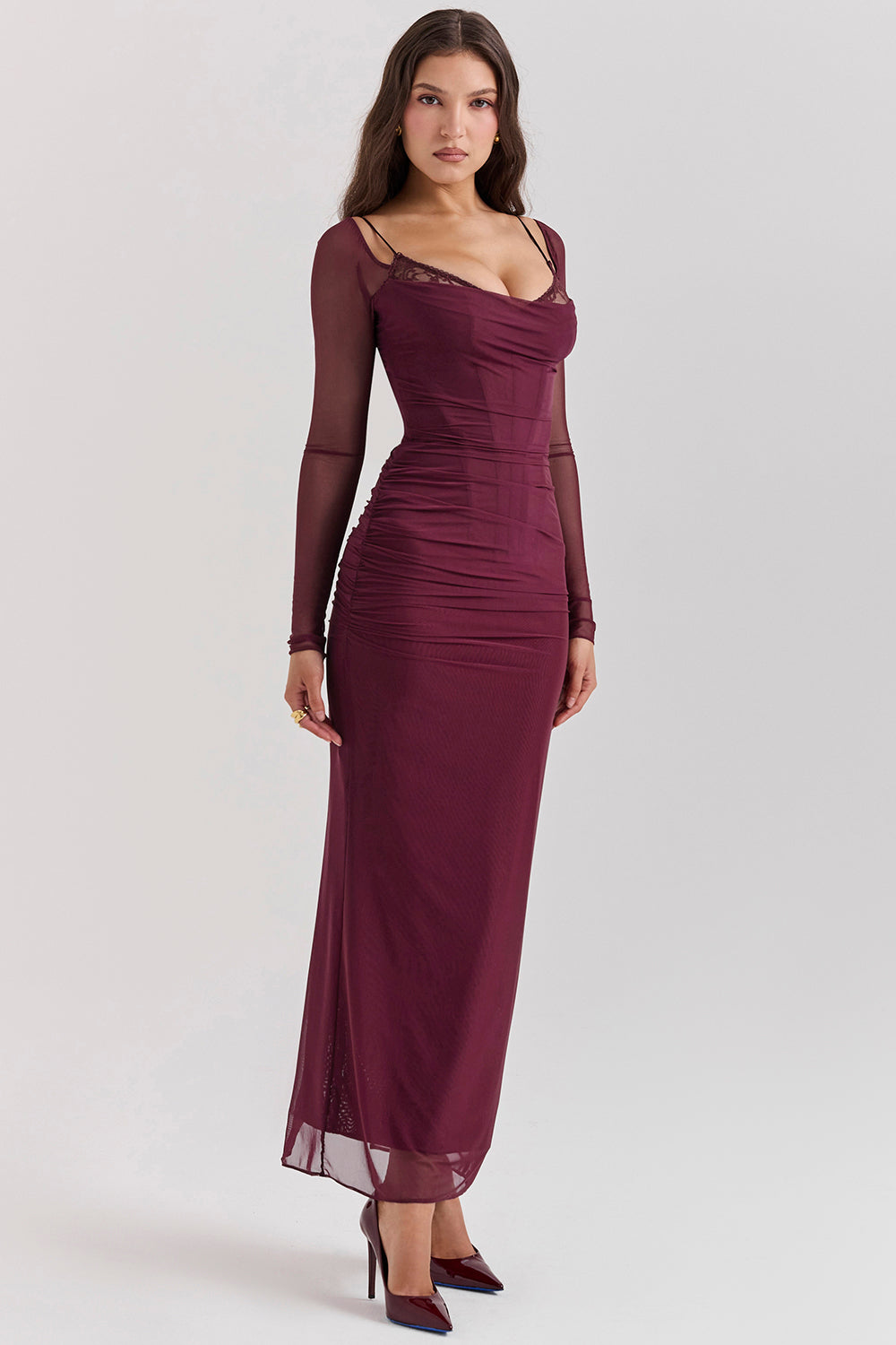 Deep maxi dress with long sleeves