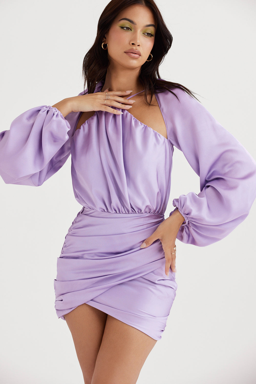 Orchid satin mini dress with wrap over at the front