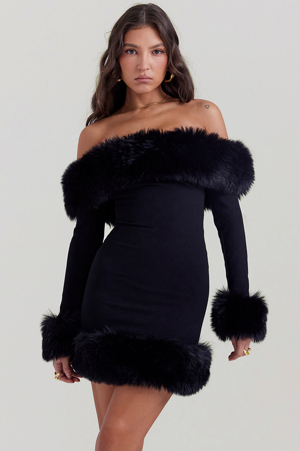 Black mini dress with fur