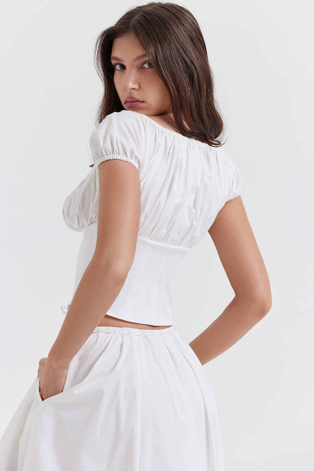 White top with ruffles and midi skirt