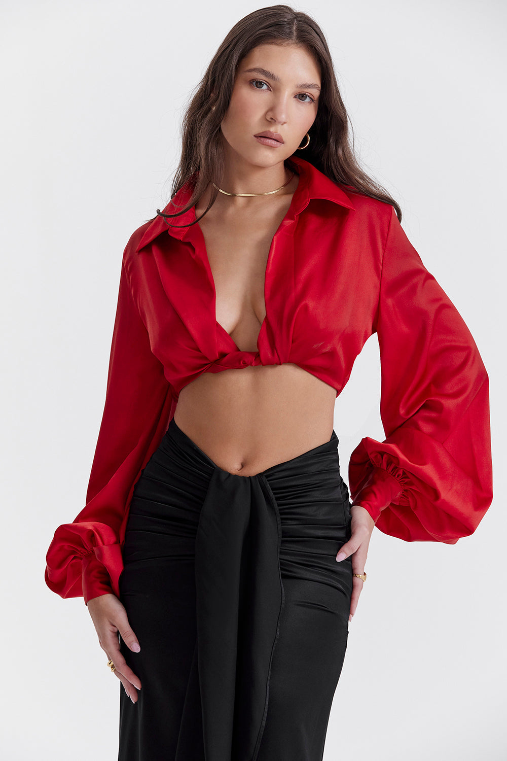 Cherry silk blouson top with draped silk maxi skirt