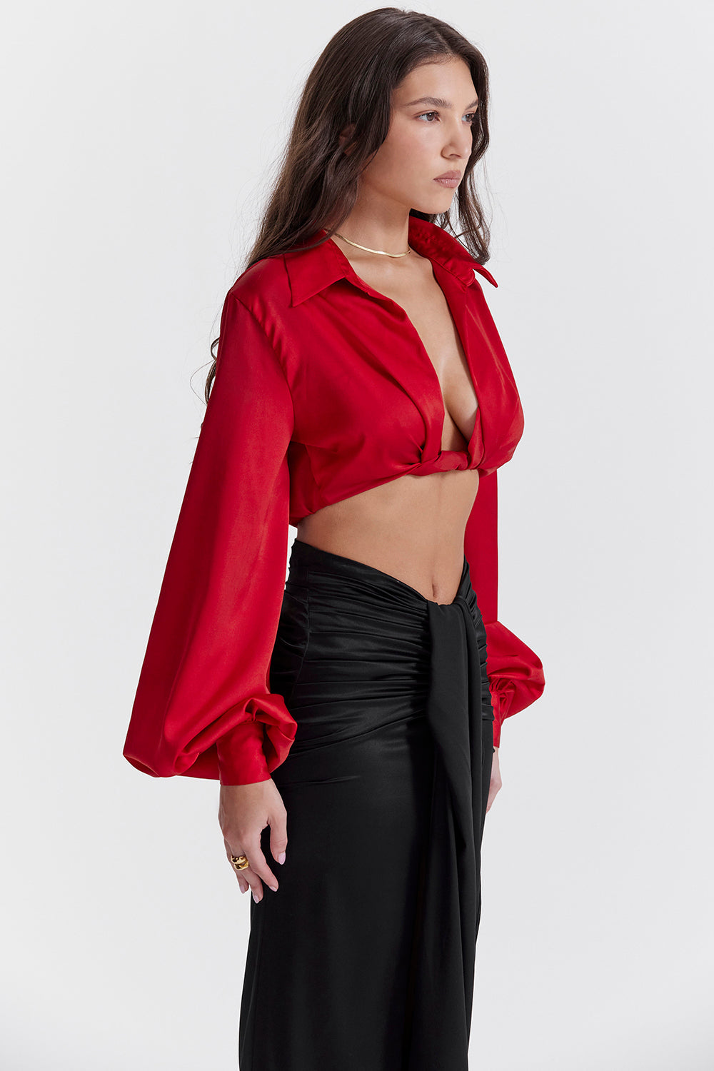 Cherry silk blouson top with draped silk maxi skirt