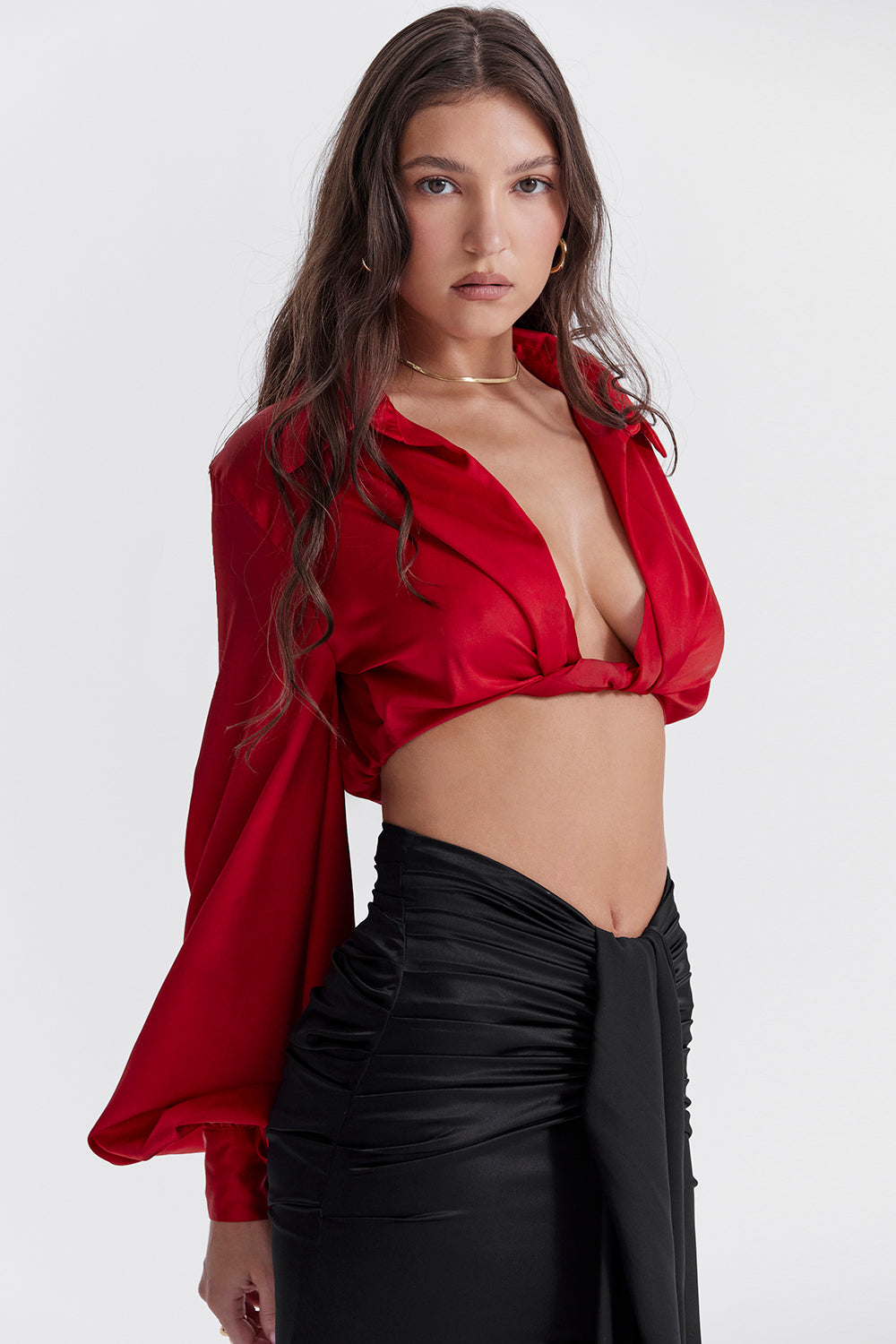 Cherry silk blouson top with draped silk maxi skirt