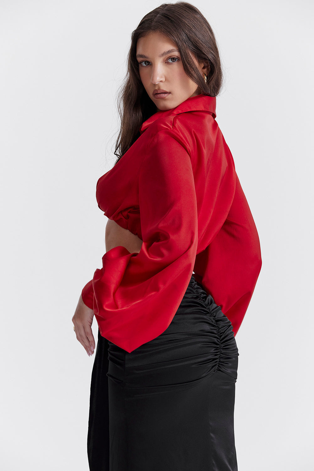 Cherry silk blouson top with draped silk maxi skirt