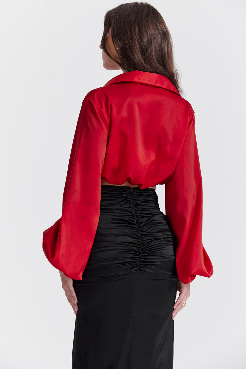 Cherry silk blouson top with draped silk maxi skirt