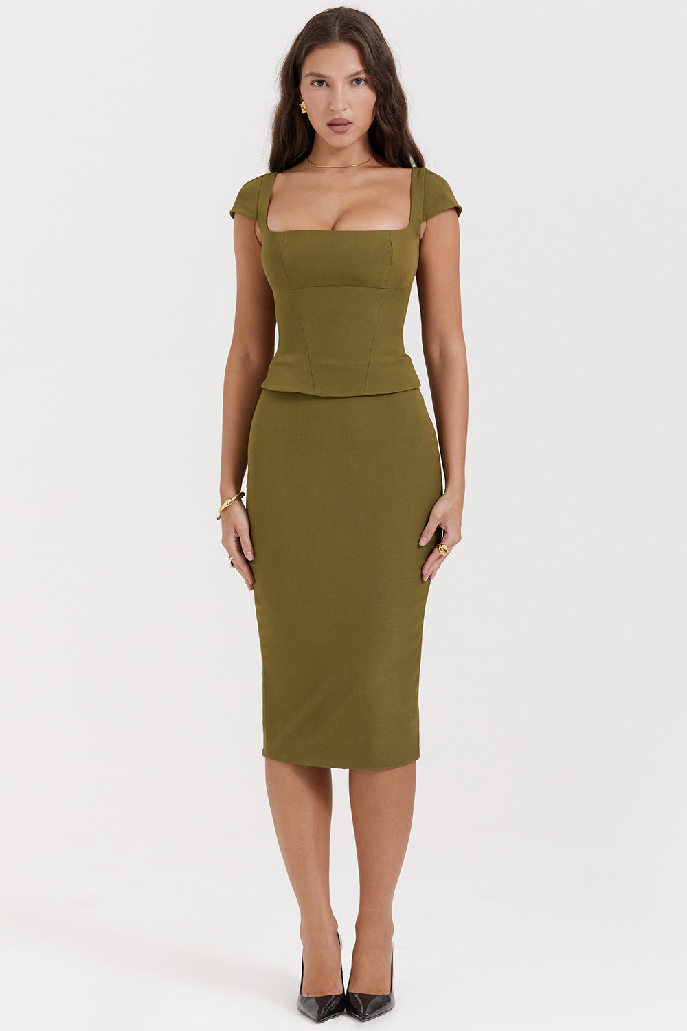 Midi dress with corset in olive green