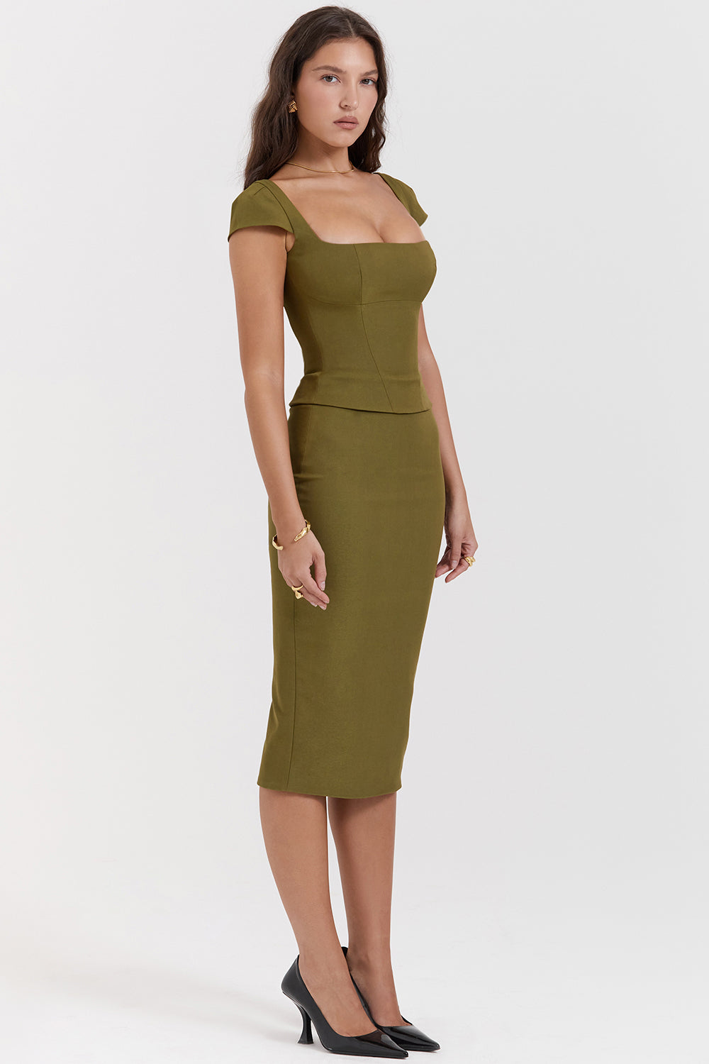 Midi dress with corset in olive green