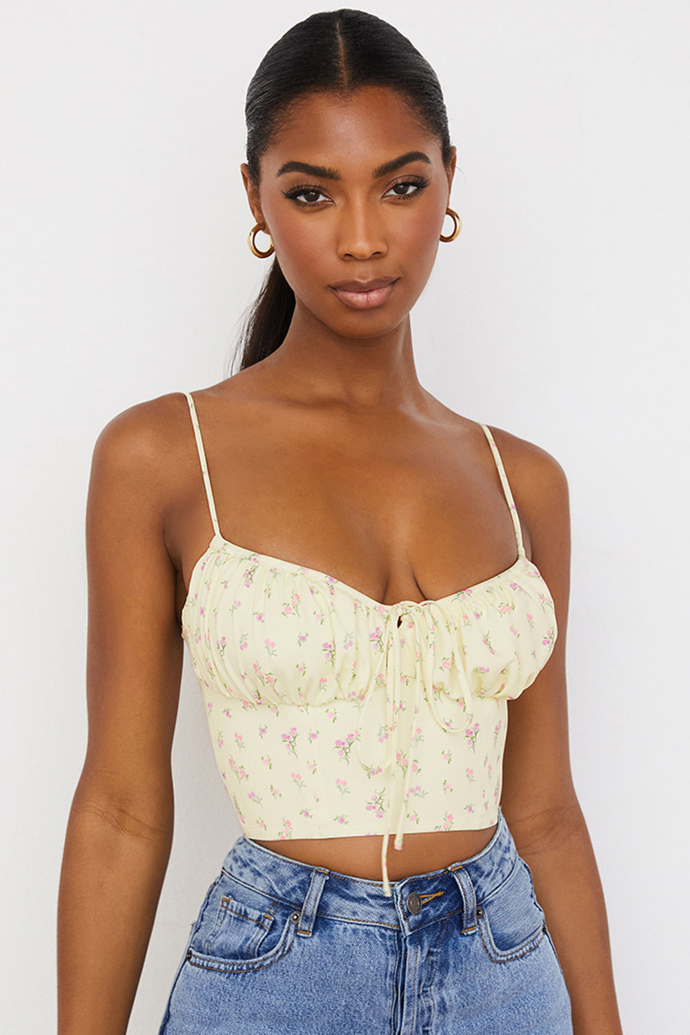 Lemon colored floral bustier top with pleats