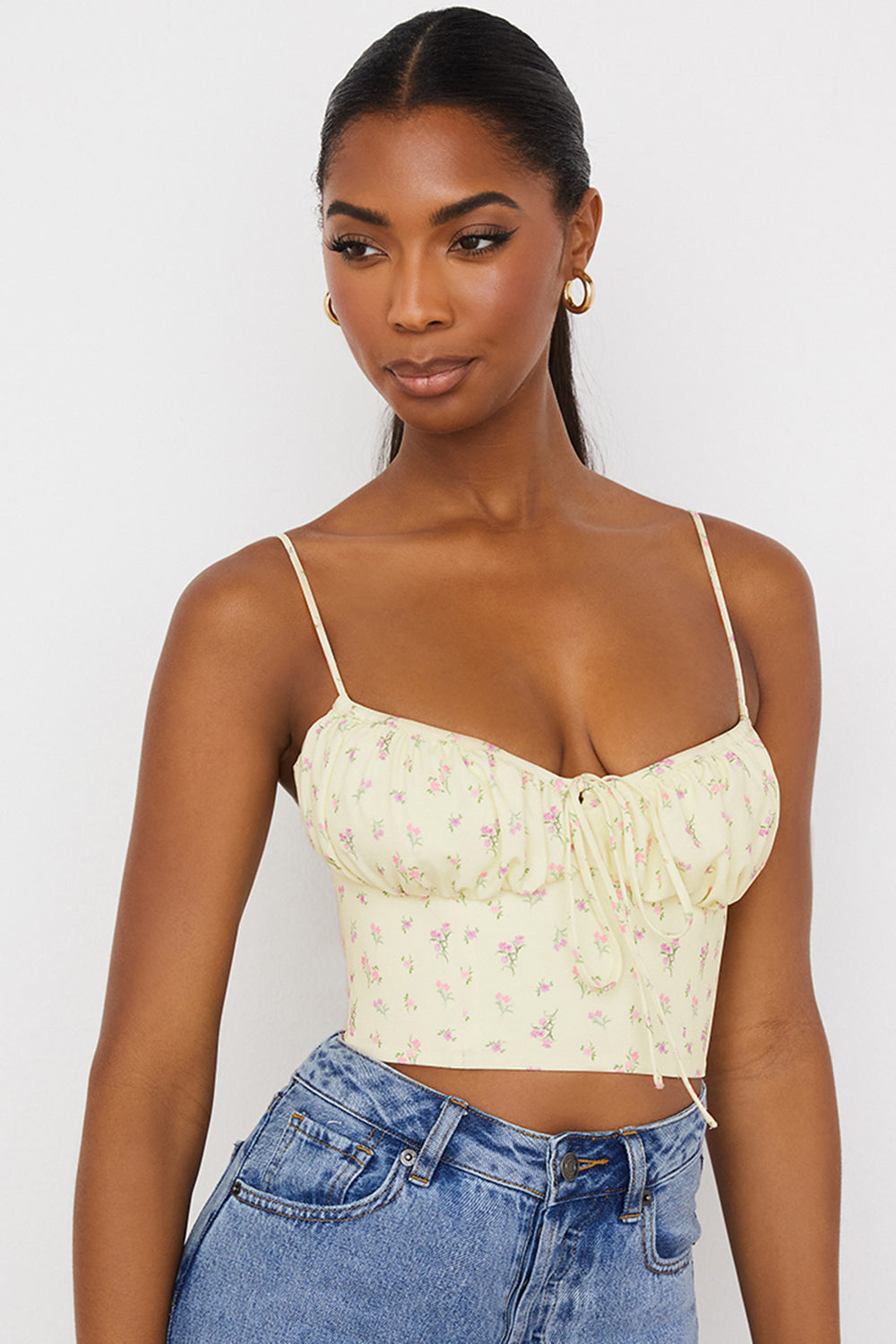 Lemon colored floral bustier top with pleats