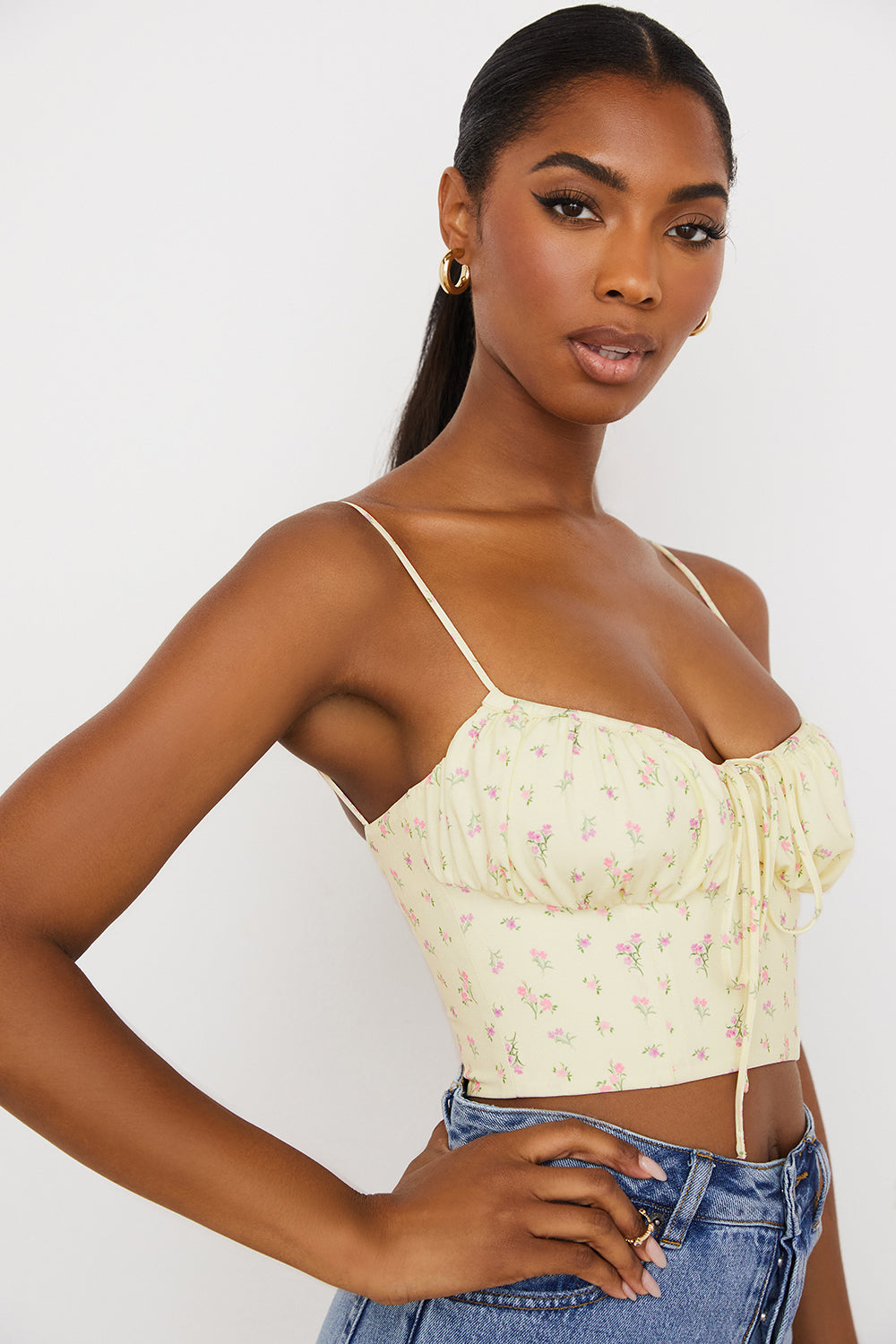 Lemon colored floral bustier top with pleats