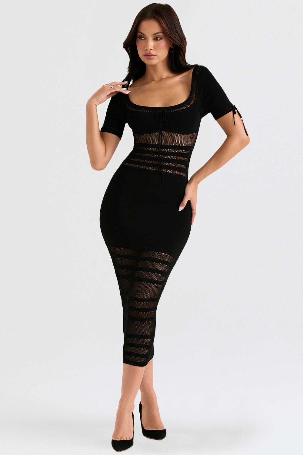 Black openwork knitted midi dress